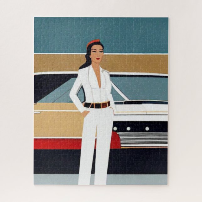 Woman with Retro Car Jigsaw Puzzle (Vertical)