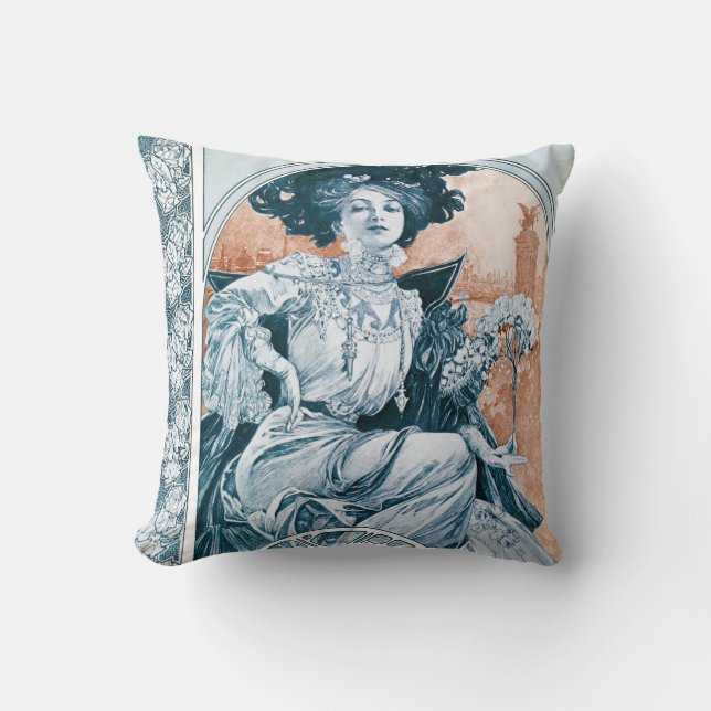 Woman with Rose, Mucha Cushion (Front)
