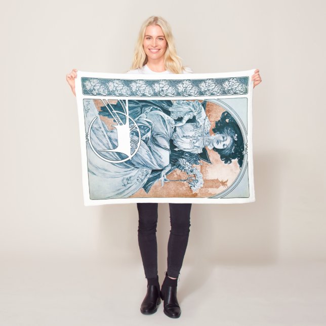 Woman with Rose, Mucha Fleece Blanket (In Situ)