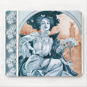 Woman with Rose, Mucha Mouse Mat