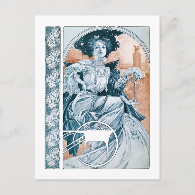 Woman with Rose, Mucha Postcard (Front)