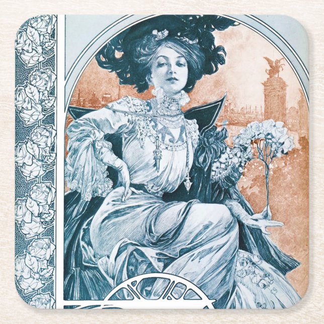 Woman with Rose, Mucha Square Paper Coaster (Front)