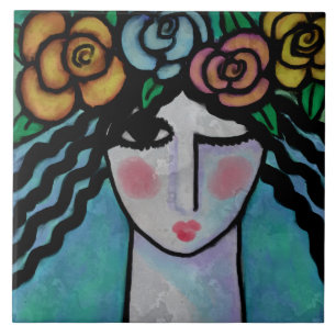 Woman with Roses in Her Hair Tile