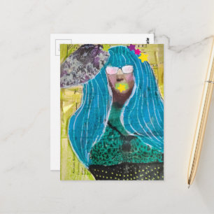 Woman With Stars in her Hair Mixed Media Collage Postcard