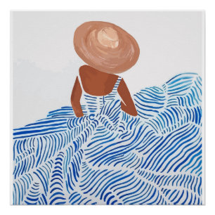 Woman with Straw Hat Blue Dress – Minimal Coast Poster