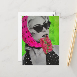 Woman With Strawberry Purse Mixed Media Collage Postcard