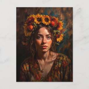 Woman With Sunflowers Autumn Harvest Crown Postcard