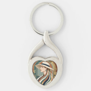 Woman with sunhat art deco key ring