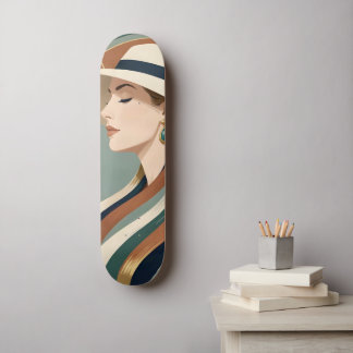 Woman with sunhat art deco skateboard