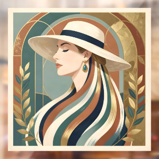 Woman with sunhat art deco window cling