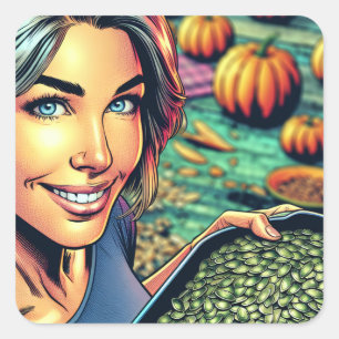Woman with Tray of Pumpkin Seeds Halloween Square Sticker