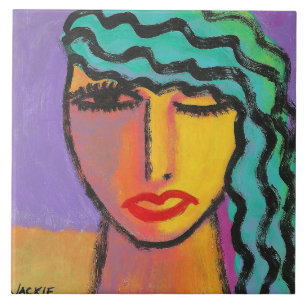 Woman with Turquoise Hair Abstract Portrait Tile