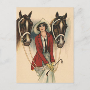 Woman with Two Horses Postcard