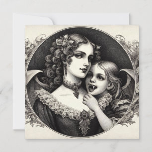 Woman with Vampire Child Vintage Illustration Card