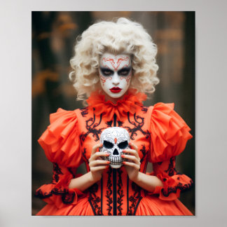 Woman With Vampire Makeover Holding A White Skull Poster