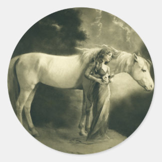 Woman with white horse. classic round sticker
