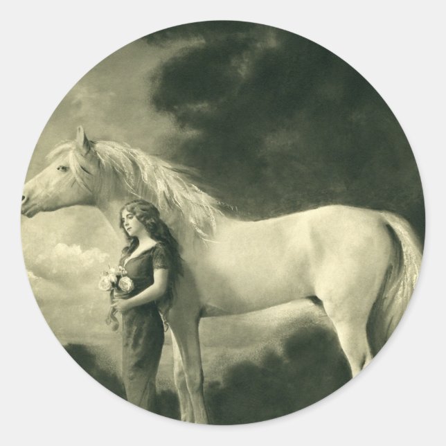 Woman with white horse classic round sticker (Front)