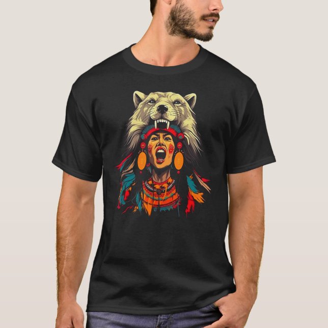 Woman Wolf Head Native American Connection to Natu T-Shirt (Front)