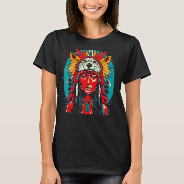Woman Wolf Head Native American Indigenous T-Shirt (Front)