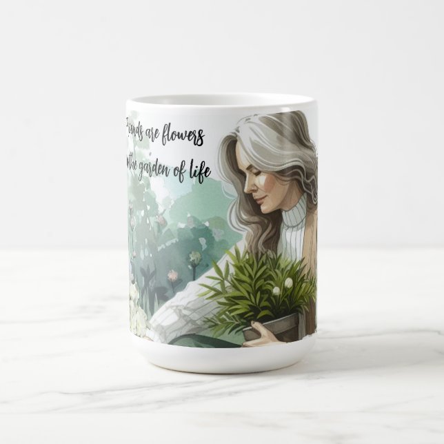 Woman Working in Flower Garden Friendship Message Coffee Mug (Center)