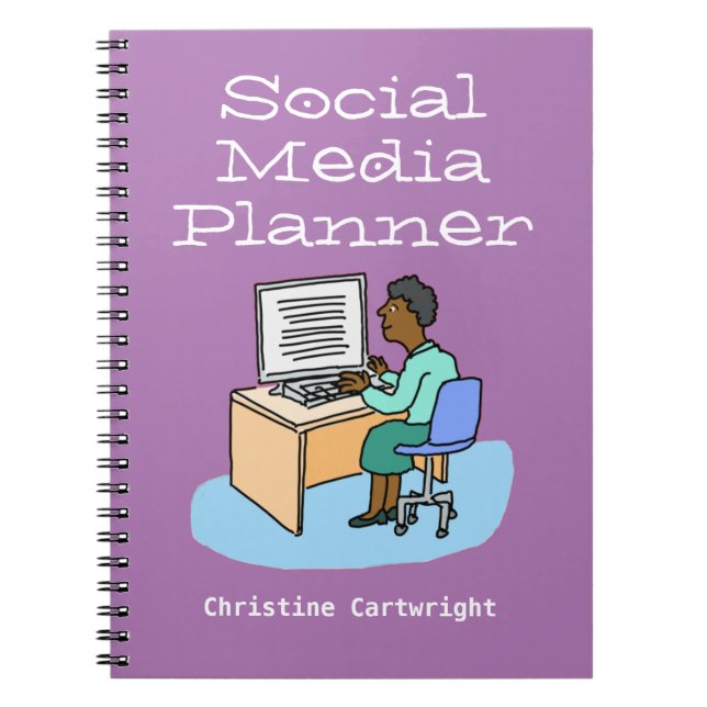 Woman working on Social Media at a computer. Notebook (Front)