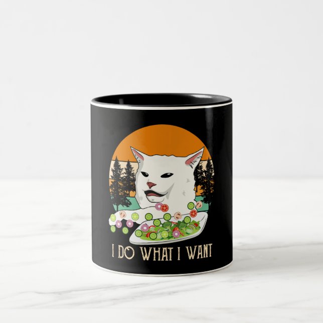 Woman Yelling At Cat Meme, Cat Meme Two-Tone Coffee Mug (Center)