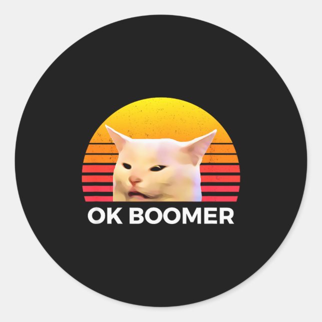 Woman Yelling At Table Dinner Funny Cat Ok Boomer  Classic Round Sticker (Front)