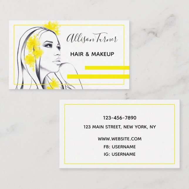 Woman Yellow flowers in Hair Elegant Makeup artist Business Card (Front/Back)