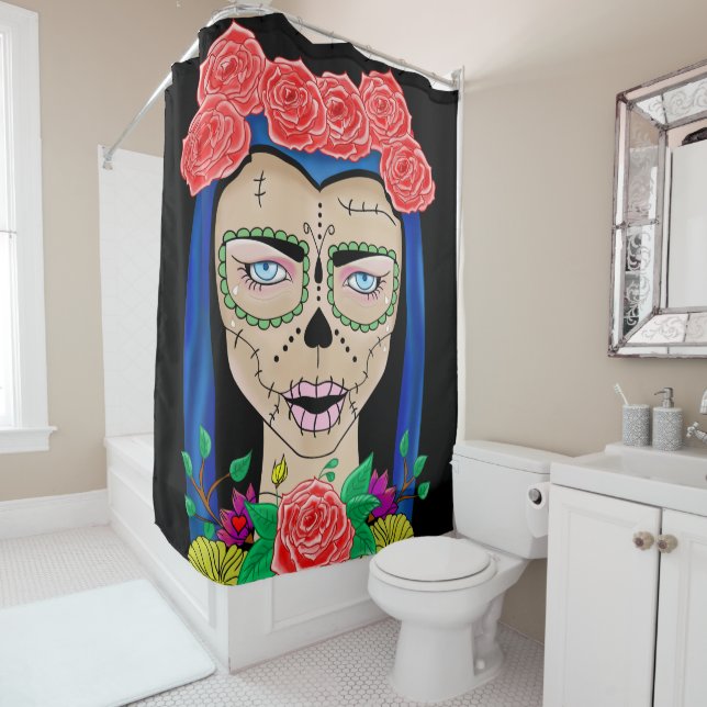 Woman Zombie Halloween, roses crown cinco de mayo  Shower Curtain (In Situ)