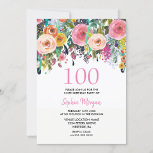 Womans 100th Birthday Party Invite Pink Flowers