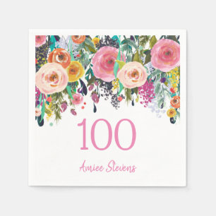 Womans 100th Birthday Party Pink Flower Peach Napkin