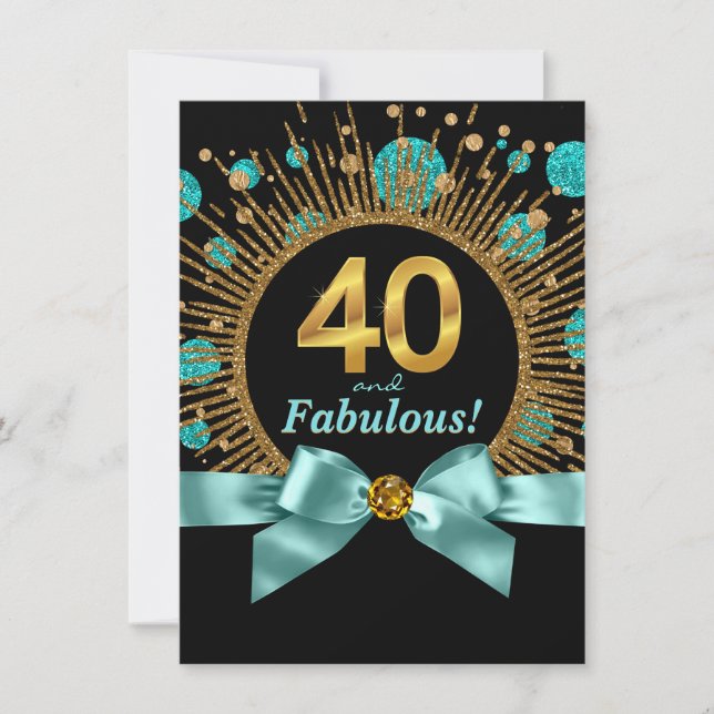 Womans 40th Birthday Party Teal Blue and Gold Invitation (Front)