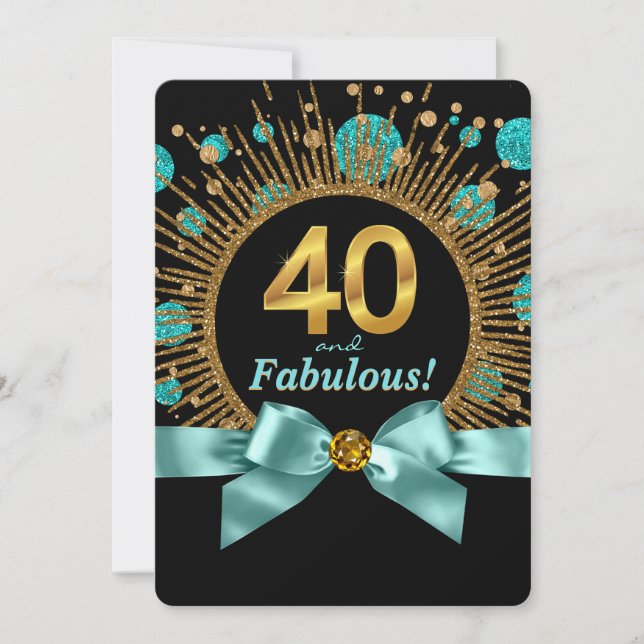 Womans 40th Birthday Teal Blue and Gold Glitter Invitation (Front)