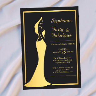 Woman's 40th Modern Gold Cocktail Dress Birthday Invitation
