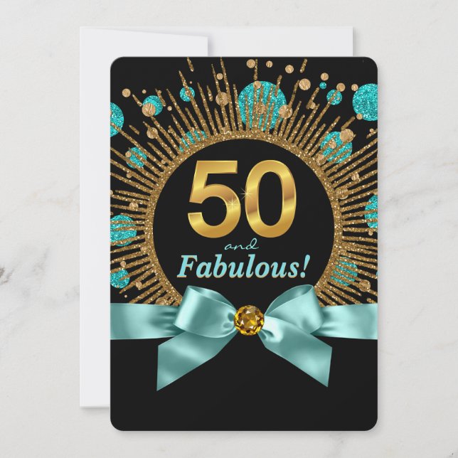 Womans 50th Birthday Party Teal Blue and Gold Invitation (Front)