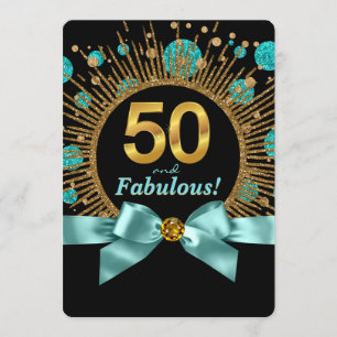 Womans 50th Birthday Party Teal Blue and Gold Invitation