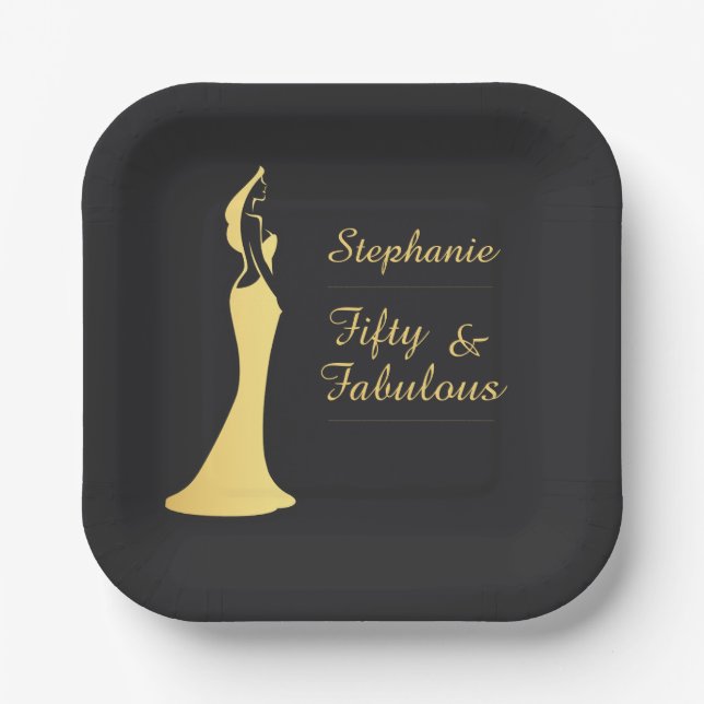 Woman's 50th Modern Gold Cocktail Dress Birthday Paper Plate (Front)