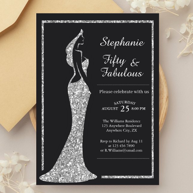 Woman's 50th Modern Silver Cocktail Dress Birthday Invitation (Creator Uploaded)