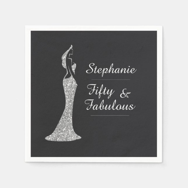 Woman's 50th Modern Silver Cocktail Dress Birthday Napkin (Front)