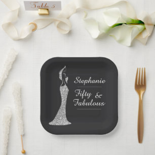 Woman's 50th Modern Silver Cocktail Dress Birthday Paper Plate