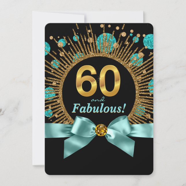 Womans 60th Birthday Party Teal Blue and Gold Invitation (Front)