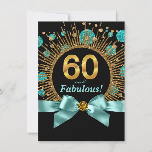Womans 60th Birthday Teal Blue and Gold Invitation (Front)