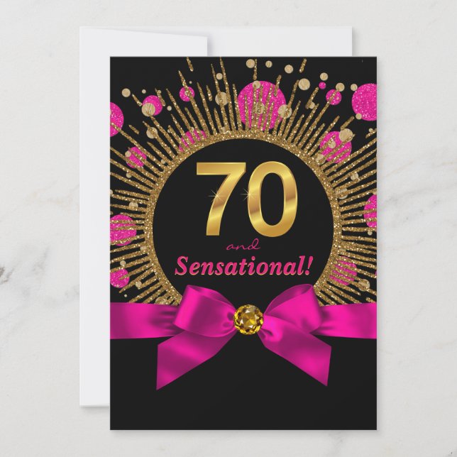 Womans 70th Birthday Party Fuchsia and Gold Invitation (Front)