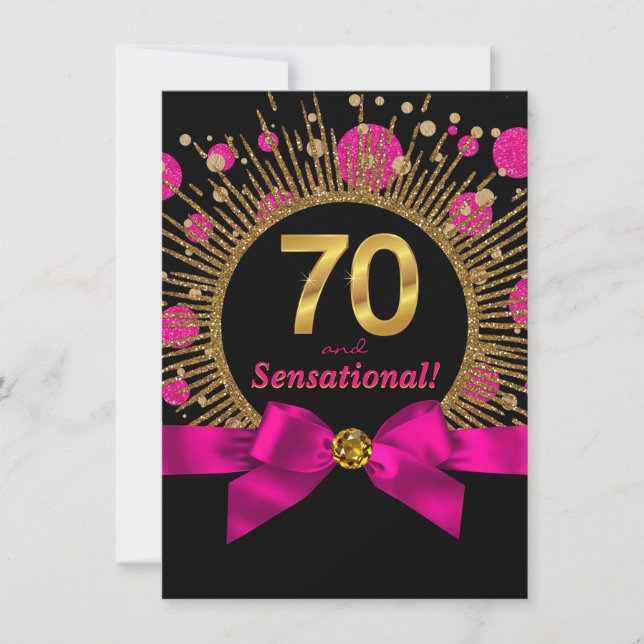 Womans 70th Birthday Party Hot Pink and Gold Invitation (Front)