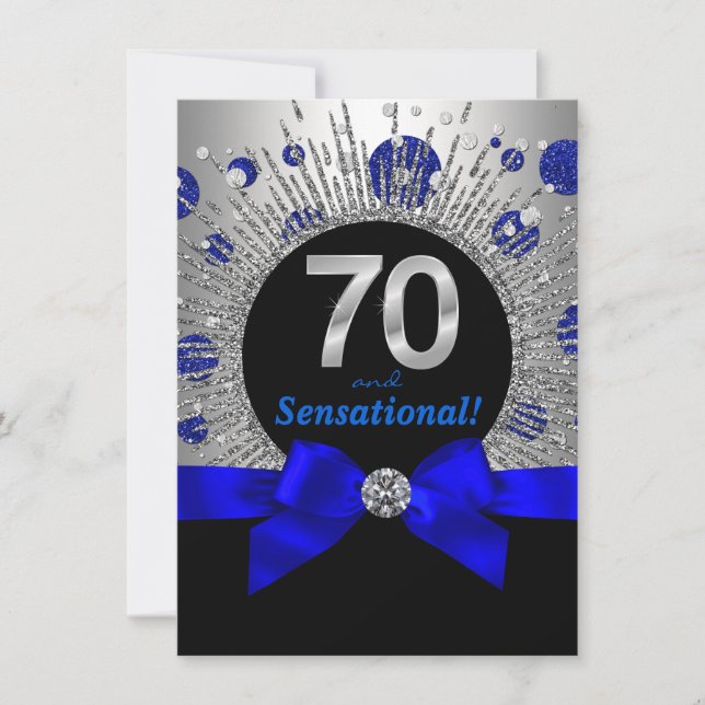 Womans 70th Birthday Party Royal Blue and Silver Invitation (Front)