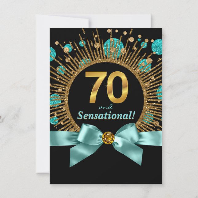 Womans 70th Birthday Party Teal Blue and Gold Invitation (Front)