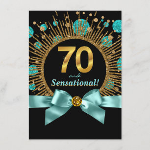 Womans 70th Birthday Party Teal Blue and Gold Invitation