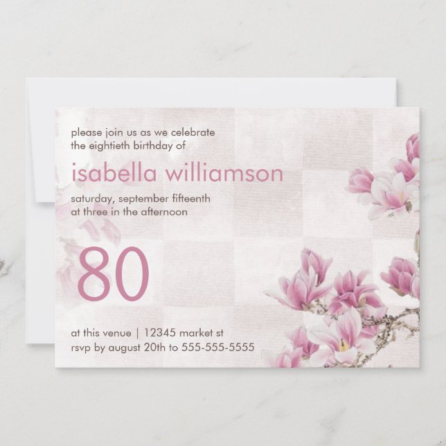 Woman's 80th Birthday Party | Mauve Magnolias Invitation (Front)