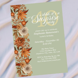 Woman's Autumn Flower Surprise 40th Birthday Invitation