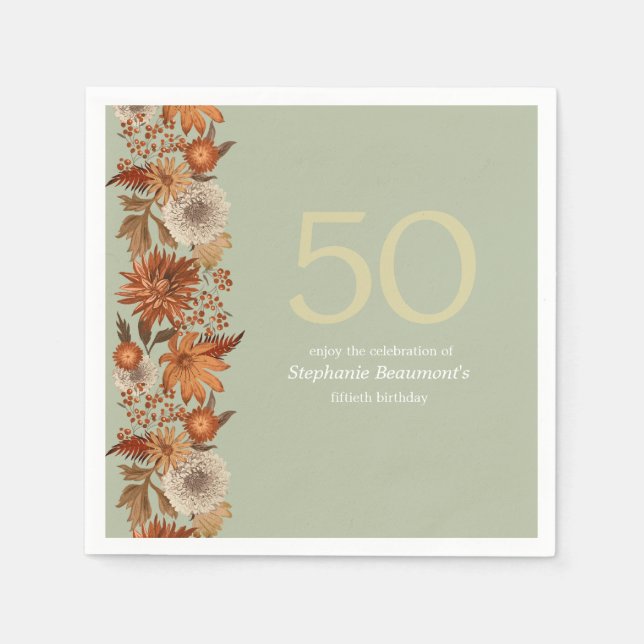 Woman's Autumn Flower Surprise 50th Birthday Napkin (Front)